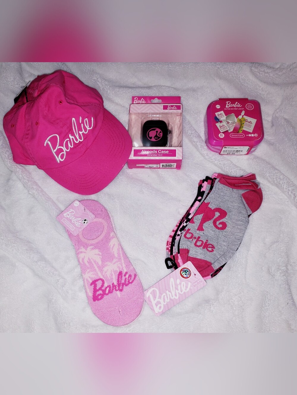 Barbie Socks, Hot Pink Hat, Airpods & First Aid Kit